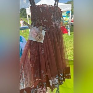 New Girls Rust Brown & Pink Floral Smocked Chiffon Dress & Hair Bow Set Size 4/5